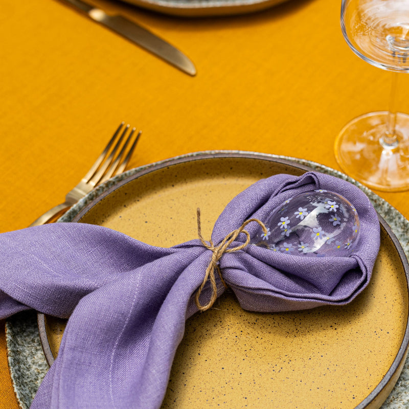 yellow tablecloth Easter tables purple napkins bunny